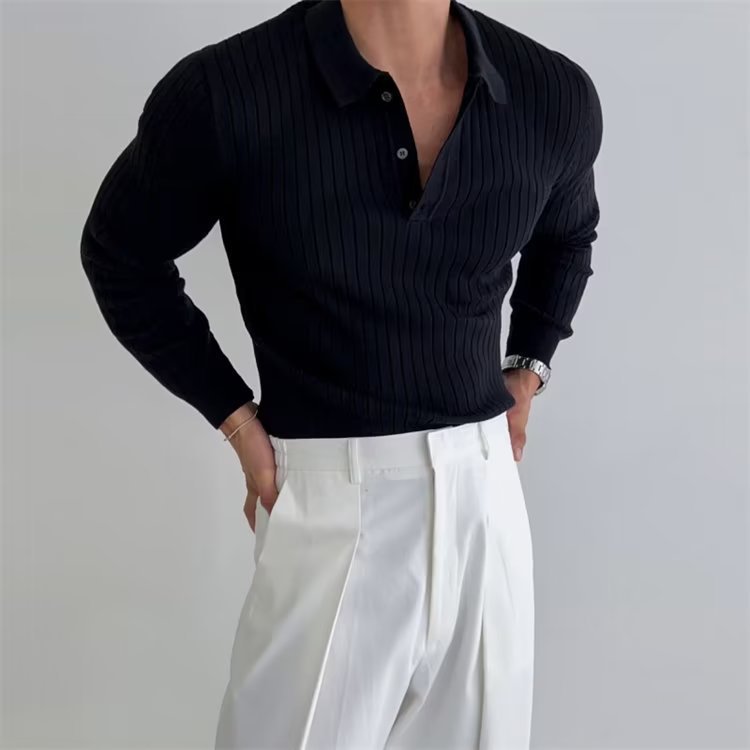 Lapel Button Long Sleeve Polo Shirt Slim Knitted Bottom Shirt Top Men's Clothing