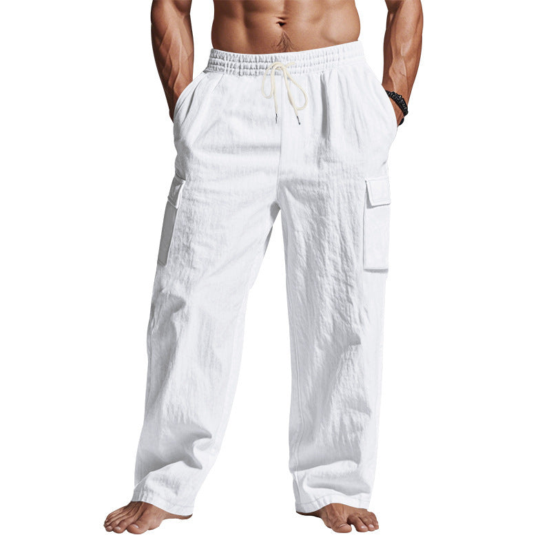Men's Workwear Multi-pocket Straight Linen Pants Linen Thin Breathable Cargo Pants