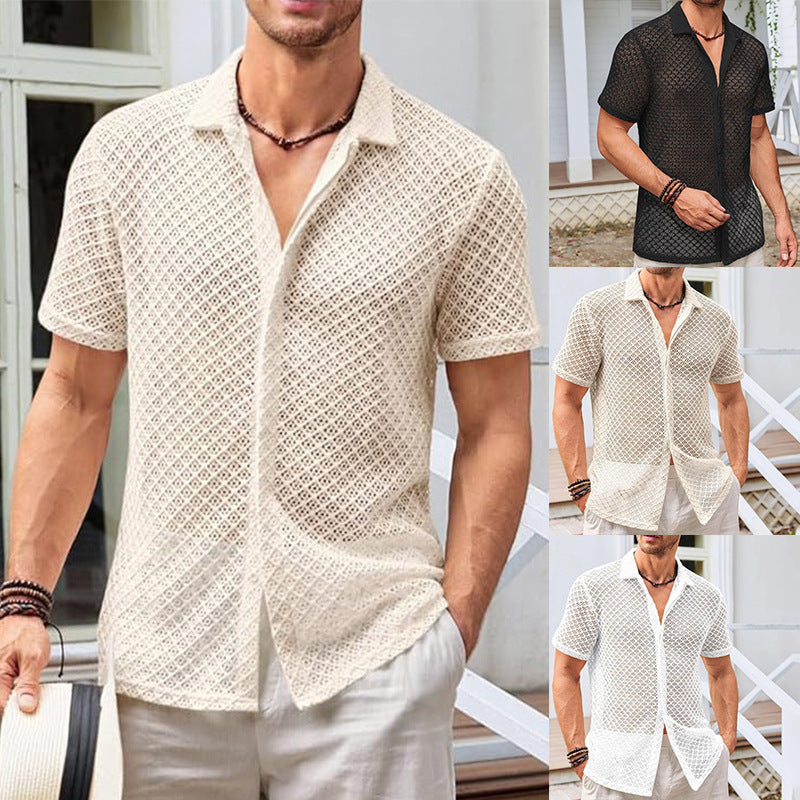 Summer Mesh Short Sleeve Shirt Tops Beach Men Clothing