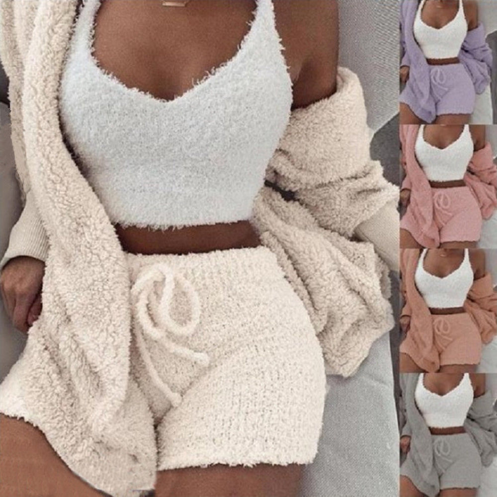 Collage of a person wearing a white fuzzy top and shorts with a beige robe.