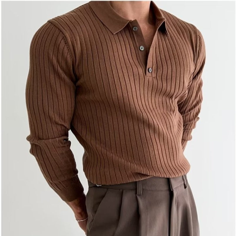 Lapel Button Long Sleeve Polo Shirt Slim Knitted Bottom Shirt Top Men's Clothing