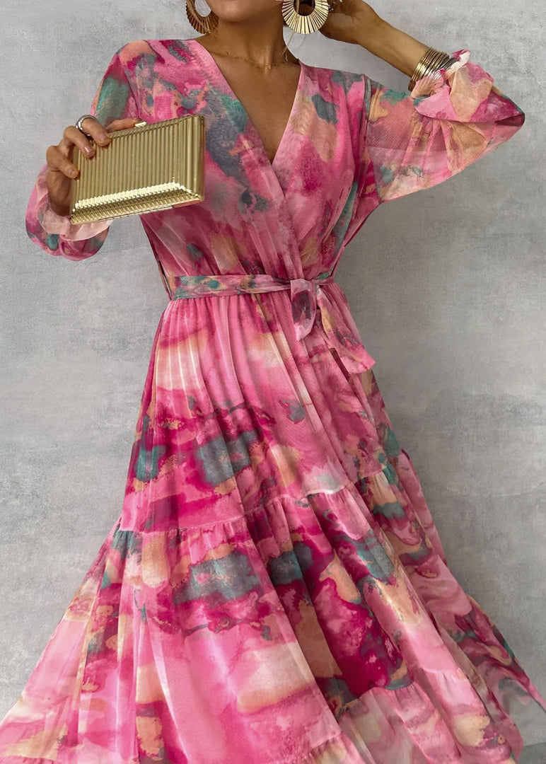 Long-sleeved Floral Print Dress Elegant V-neck Pleated Dresses For Women Clothing