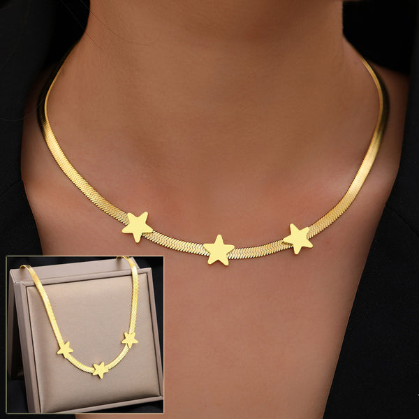 Gold necklace with star pendants on a mannequin, with an inset showing the necklace in packaging.