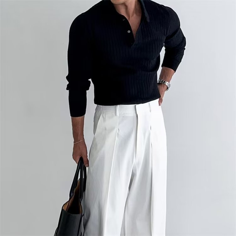 Lapel Button Long Sleeve Polo Shirt Slim Knitted Bottom Shirt Top Men's Clothing