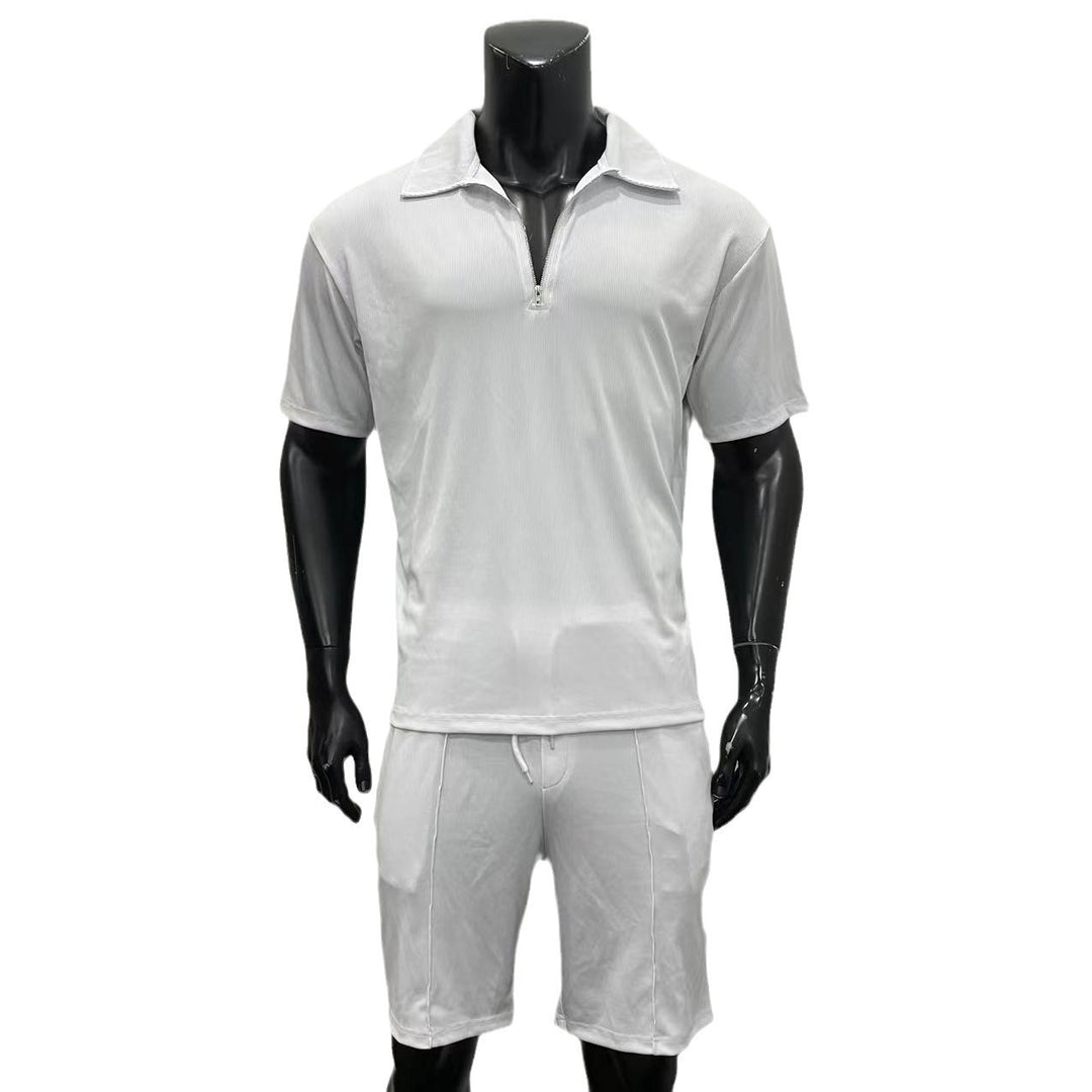 Summer Fashion Mens Clothing  Men's Suits New Zipper Polo Drawstring Shorts Men's Set