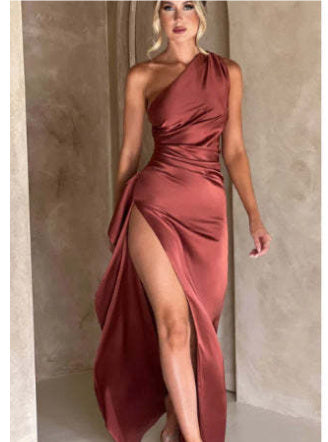 Sexy One-shoulder Backless Slit Dress Solid Color Satin Dresses For Women