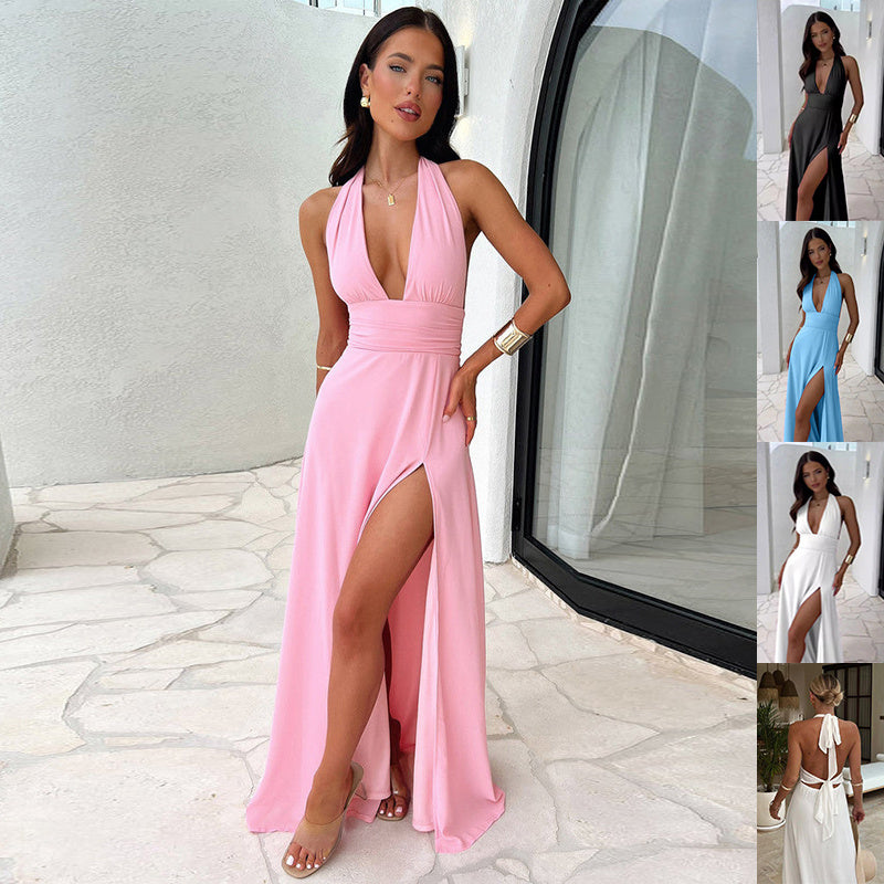 Sexy Halterneck V-neck Slit Dress Summer Backless Strappy Skirt Clothing Women