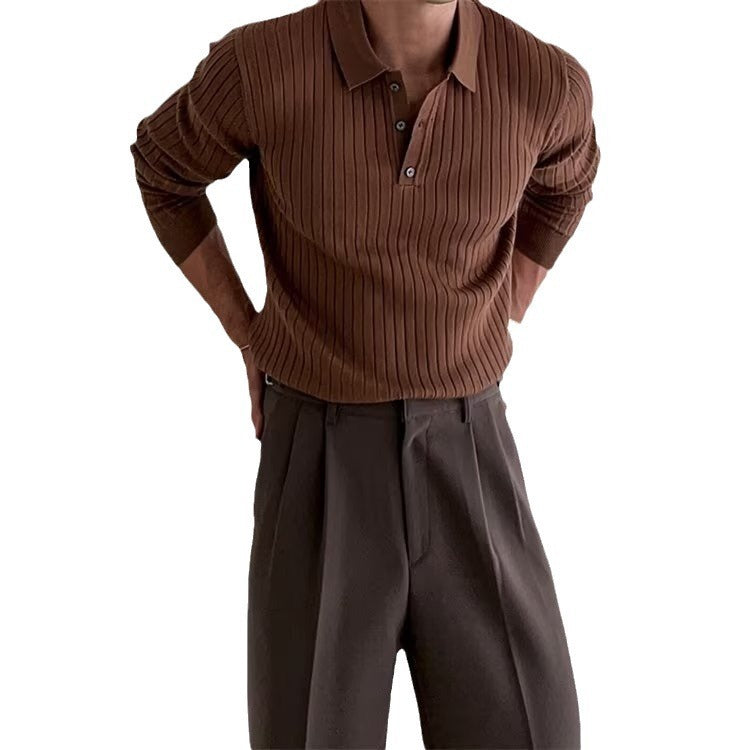 Lapel Button Long Sleeve Polo Shirt Slim Knitted Bottom Shirt Top Men's Clothing