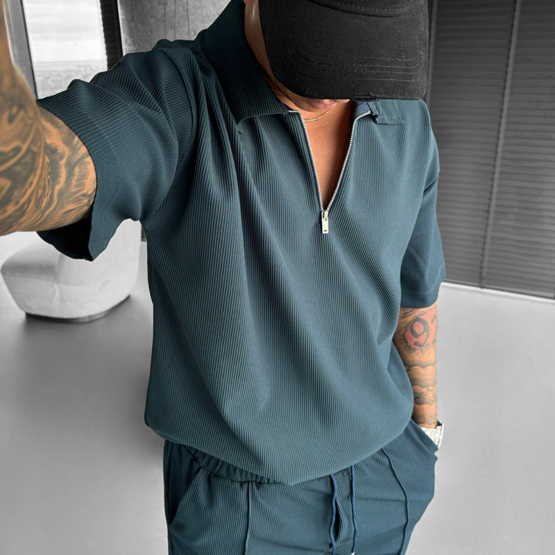 Summer Fashion Mens Clothing  Men's Suits New Zipper Polo Drawstring Shorts Men's Set