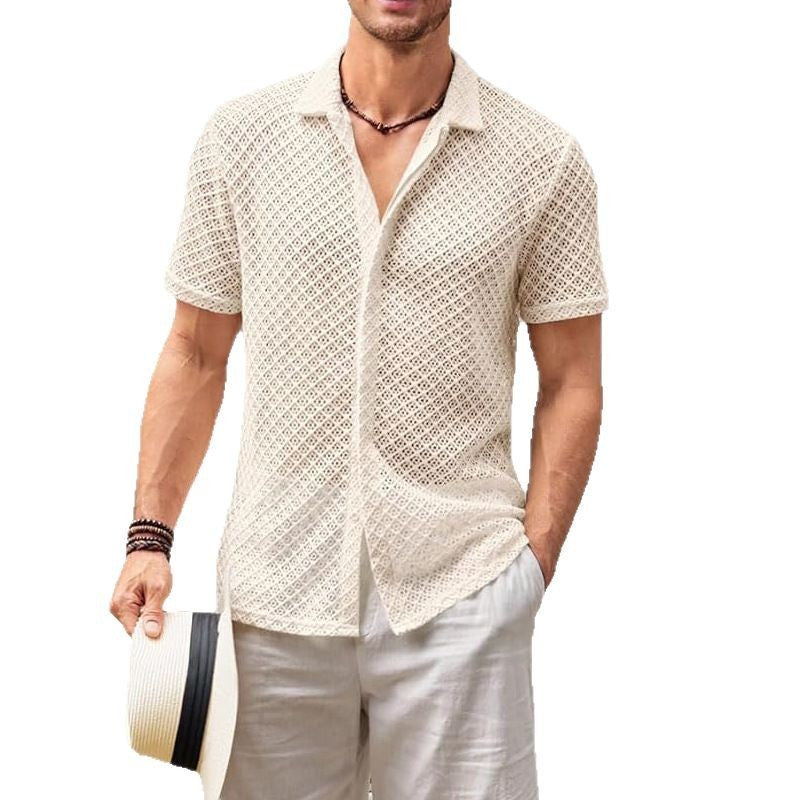Summer Mesh Short Sleeve Shirt Tops Beach Men Clothing