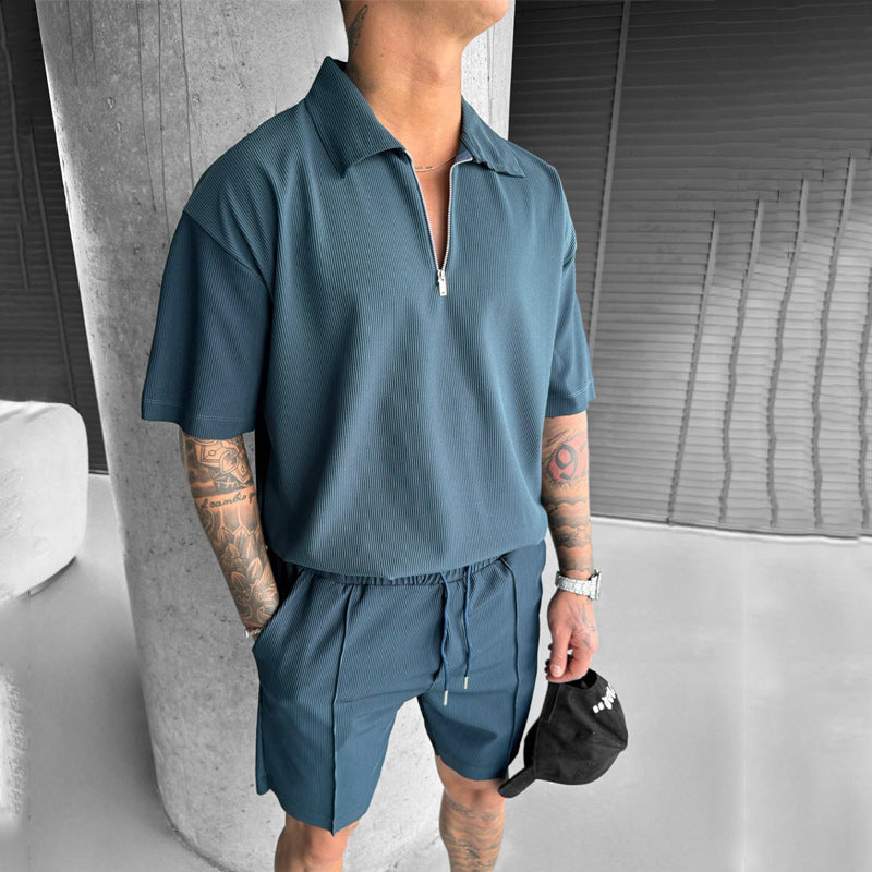 Summer Fashion Mens Clothing  Men's Suits New Zipper Polo Drawstring Shorts Men's Set