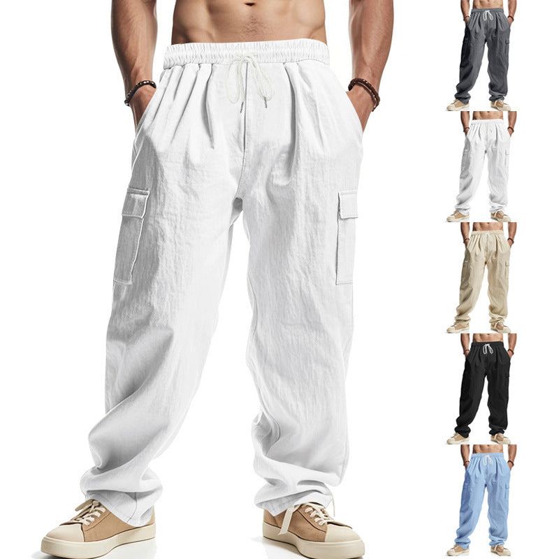 Men's Workwear Multi-pocket Straight Linen Pants Linen Thin Breathable Cargo Pants