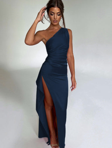 Sexy One-shoulder Backless Slit Dress Solid Color Satin Dresses For Women