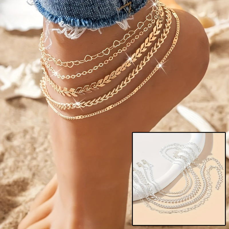 5Pcs Bohemian Airplane Chain Ankle Chain Fashion Design Heart-shaped Chain Anklets