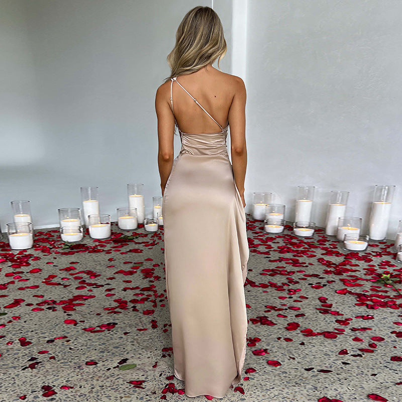 Sexy One-shoulder Backless Slit Dress Solid Color Satin Dresses For Women