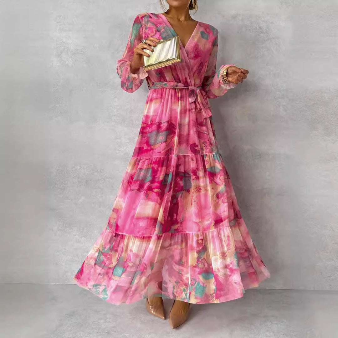 Long-sleeved Floral Print Dress Elegant V-neck Pleated Dresses For Women Clothing