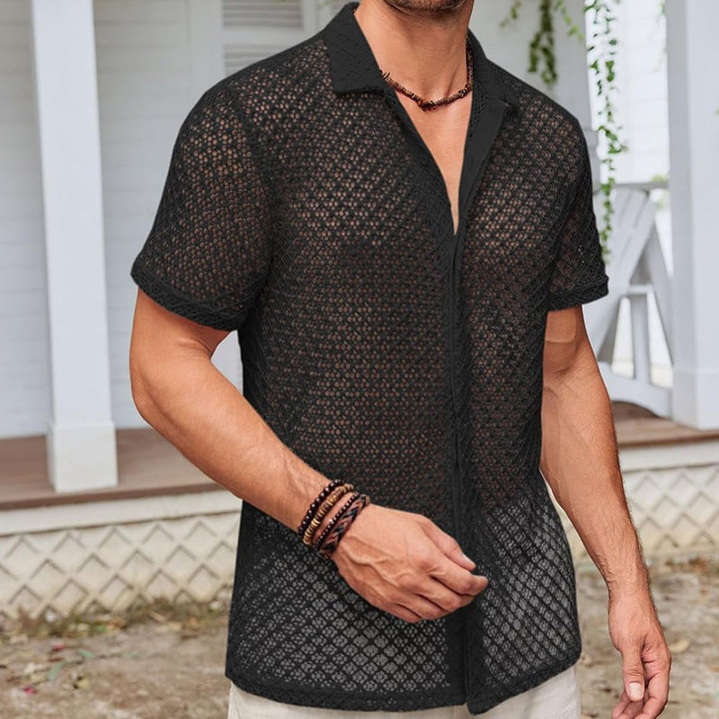 Summer Mesh Short Sleeve Shirt Tops Beach Men Clothing