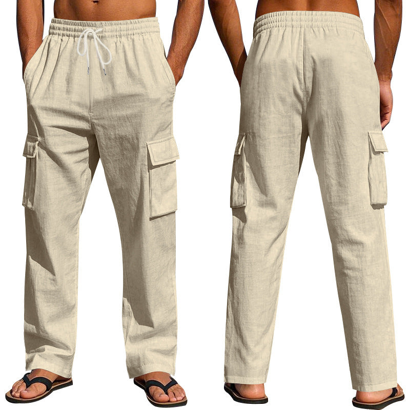 Men's Workwear Multi-pocket Straight Linen Pants Linen Thin Breathable Cargo Pants