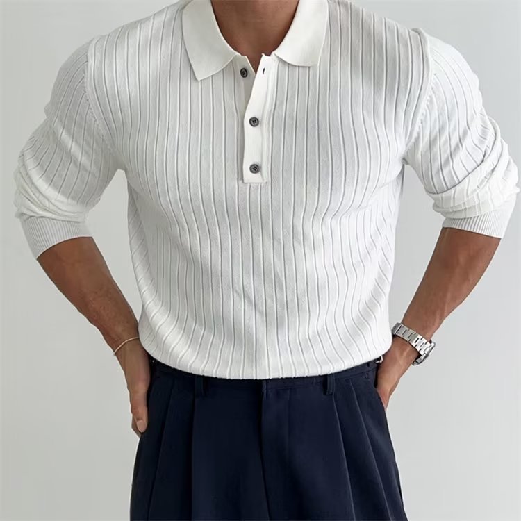 Lapel Button Long Sleeve Polo Shirt Slim Knitted Bottom Shirt Top Men's Clothing