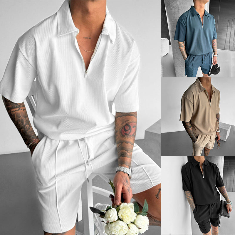 Summer Fashion Mens Clothing  Men's Suits New Zipper Polo Drawstring Shorts Men's Set
