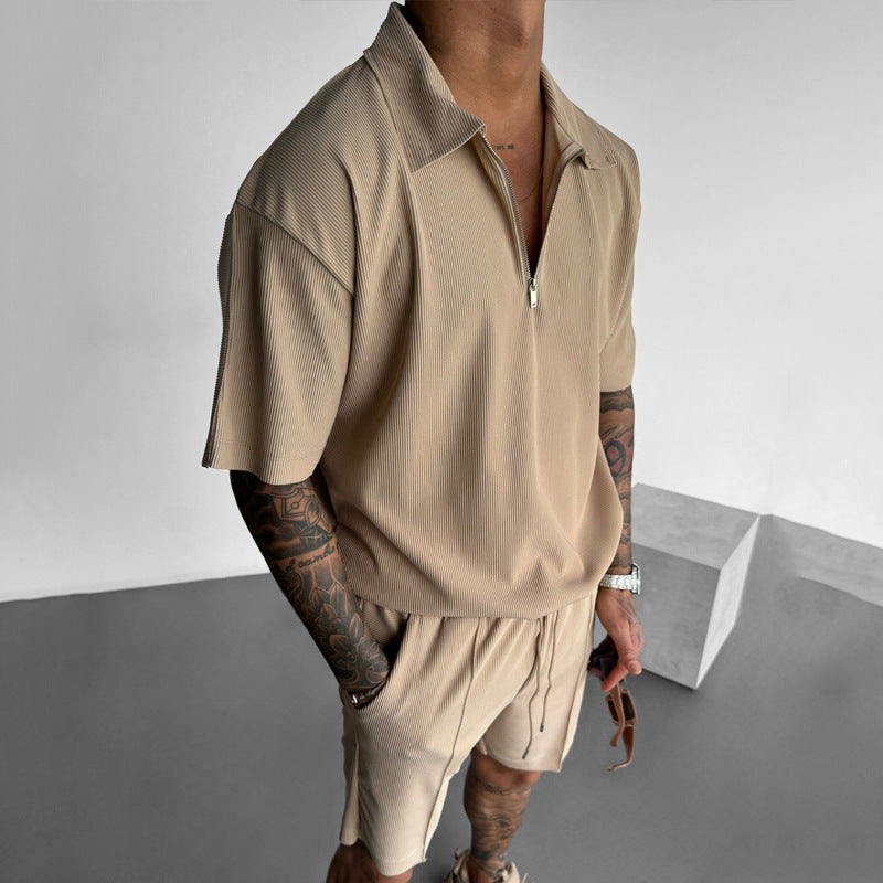 Summer Fashion Mens Clothing  Men's Suits New Zipper Polo Drawstring Shorts Men's Set