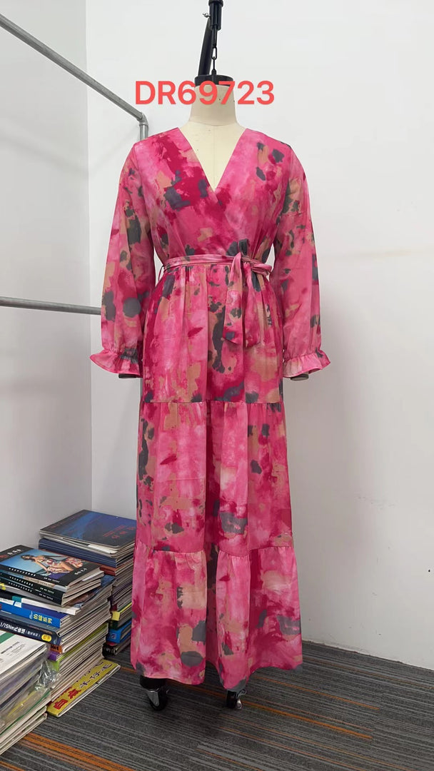 Long-sleeved Floral Print Dress Elegant V-neck Pleated Dresses For Women Clothing