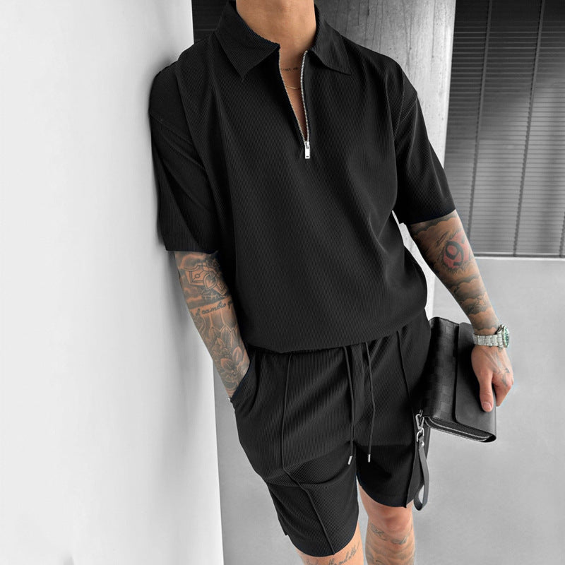 Summer Fashion Mens Clothing  Men's Suits New Zipper Polo Drawstring Shorts Men's Set