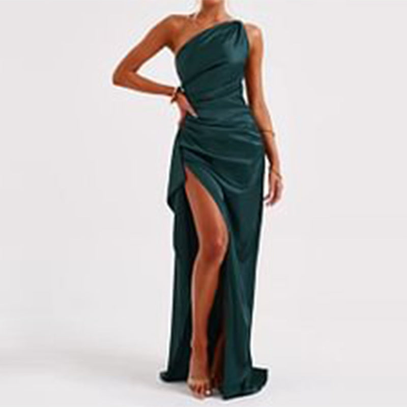 Sexy One-shoulder Backless Slit Dress Solid Color Satin Dresses For Women