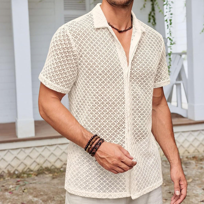 Summer Mesh Short Sleeve Shirt Tops Beach Men Clothing