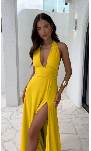 Sexy Halterneck V-neck Slit Dress Summer Backless Strappy Skirt Clothing Women