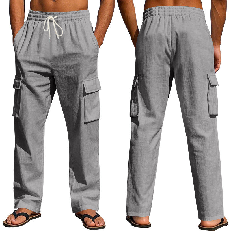 Men's Workwear Multi-pocket Straight Linen Pants Linen Thin Breathable Cargo Pants