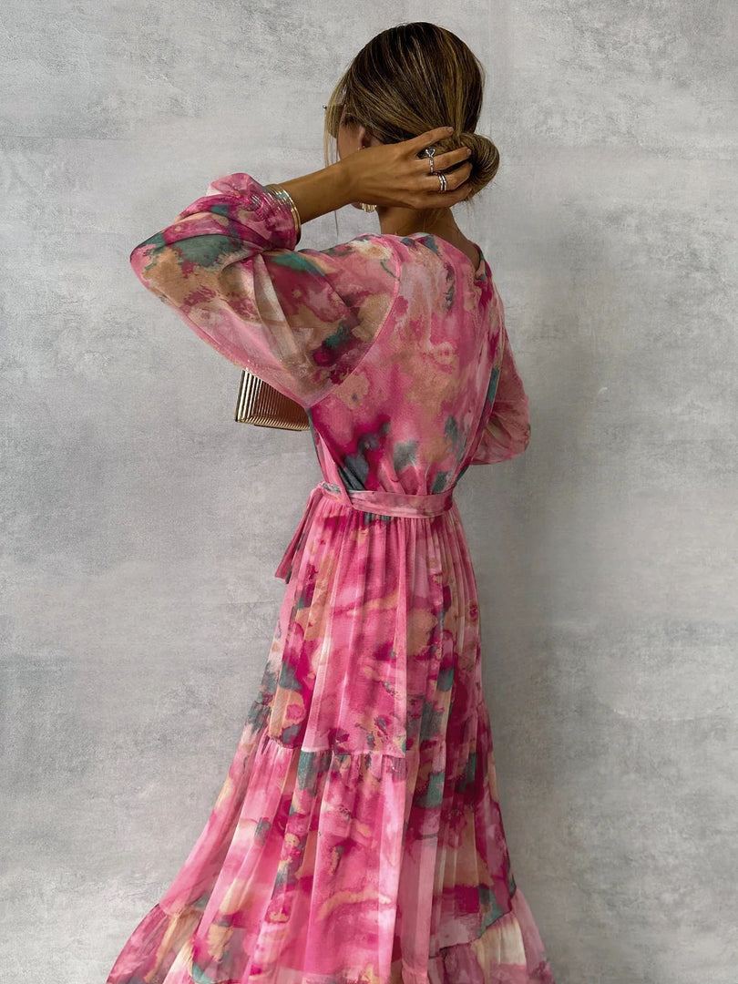 Long-sleeved Floral Print Dress Elegant V-neck Pleated Dresses For Women Clothing
