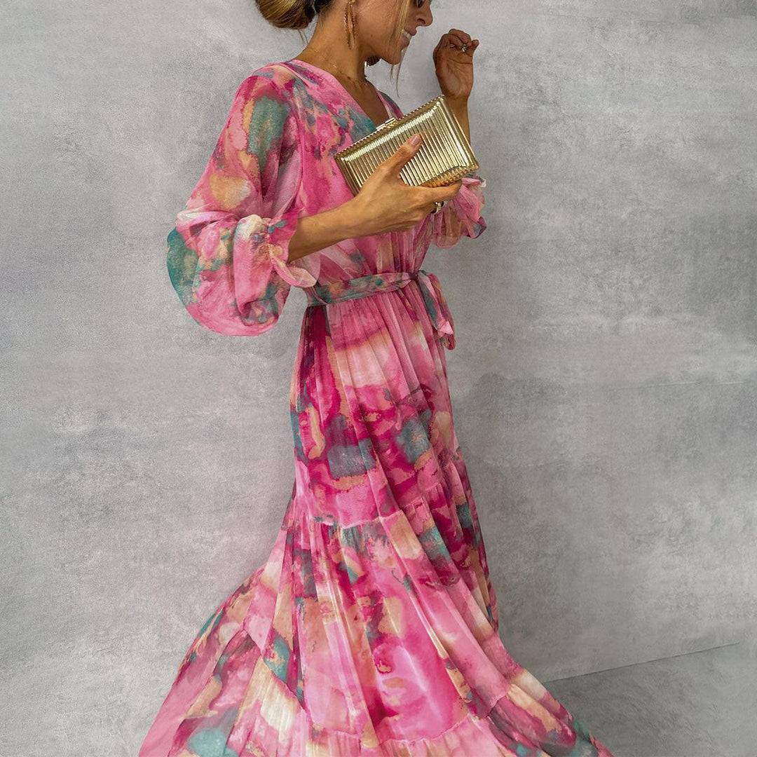 Long-sleeved Floral Print Dress Elegant V-neck Pleated Dresses For Women Clothing