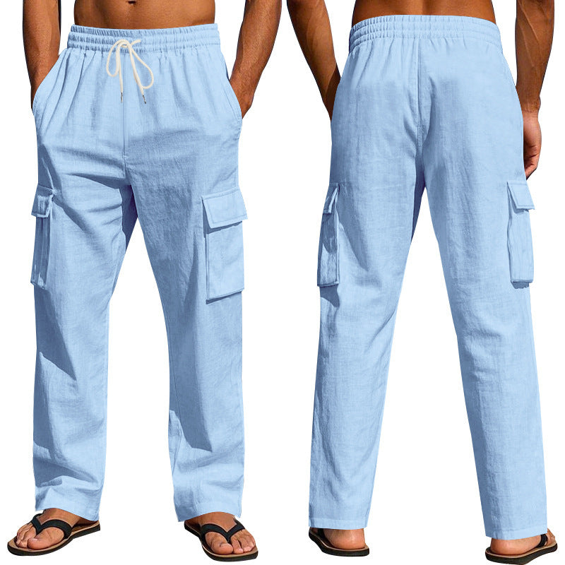 Men's Workwear Multi-pocket Straight Linen Pants Linen Thin Breathable Cargo Pants
